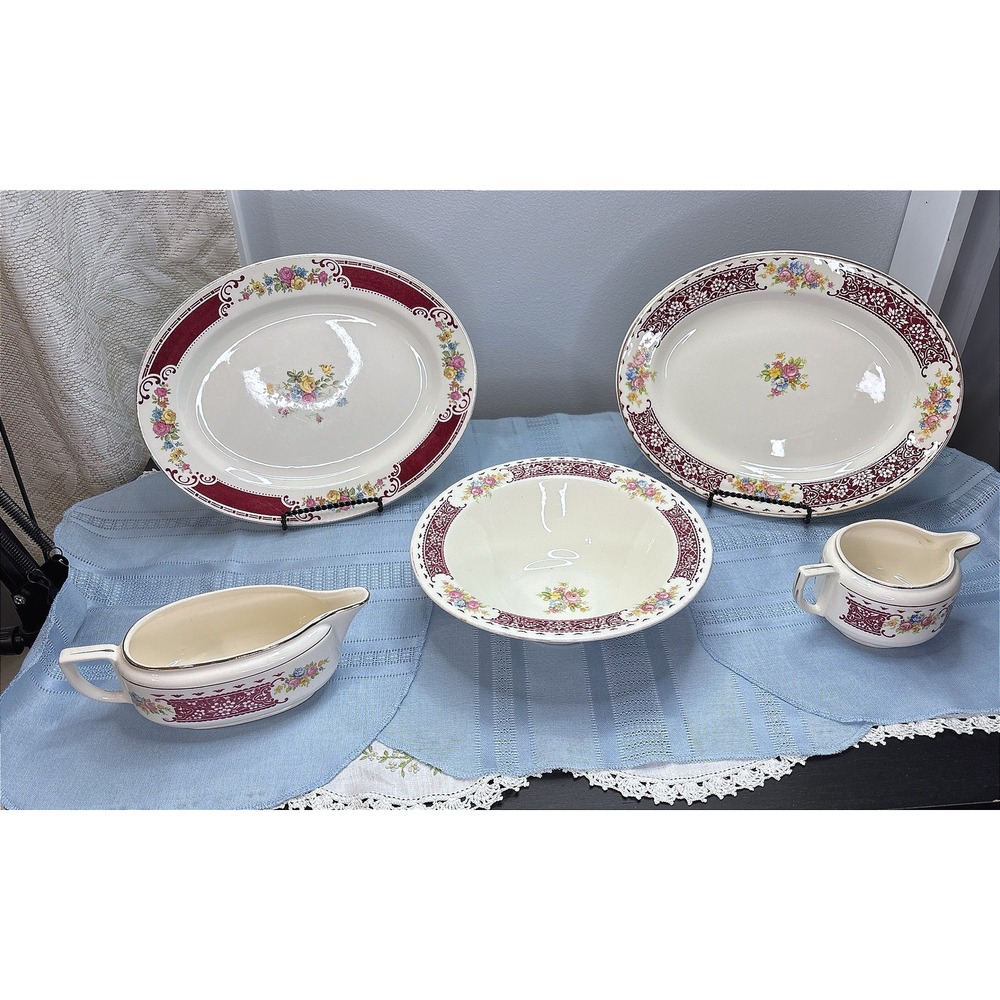 Vintage Homer Laughlin Piccadilly 5 Piece Serving Set Maroon Floral Gold Trim